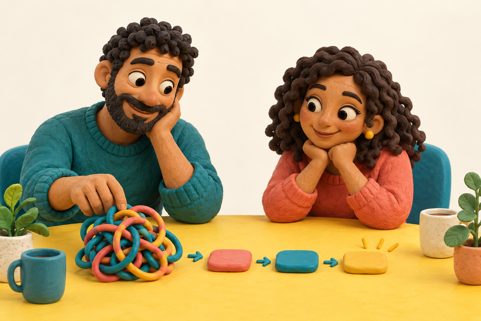 דמויות מאוירות בסגנון פלסטלינה, אישה וגבר